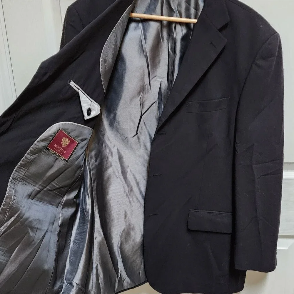 Montefino Uomo Blazer Mens 42R Black Merino Wool Super 120s Office Preppy Italy